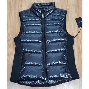 NWT Dkny medium insulated puffer vest black full zip stretch outdoor preppy